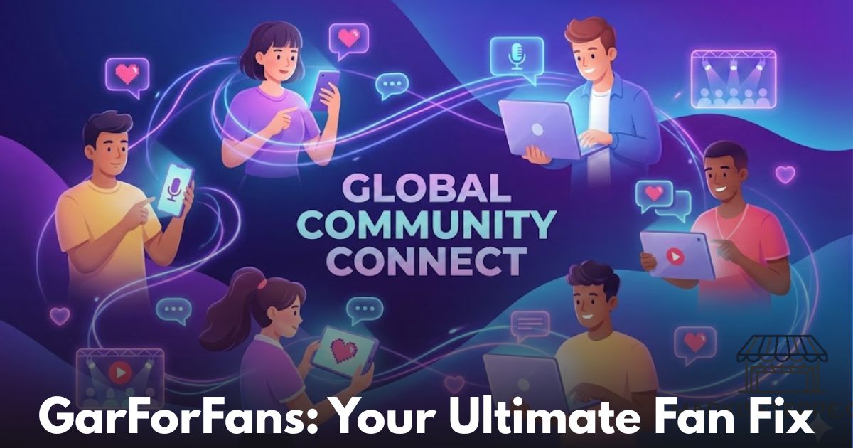 Illustration of a diverse group of people using laptops, tablets and smartphones with chat bubbles, hearts and media icons around them, centered around the text “Global Community Connect,” representing online interaction and fan engagement.