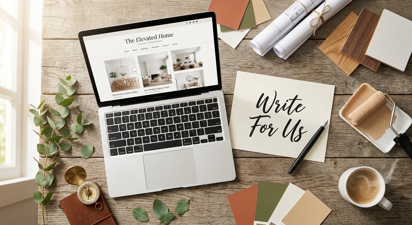 home renovation write for us – laptop with blog website, blueprints, color swatches and write for us note on wooden desk