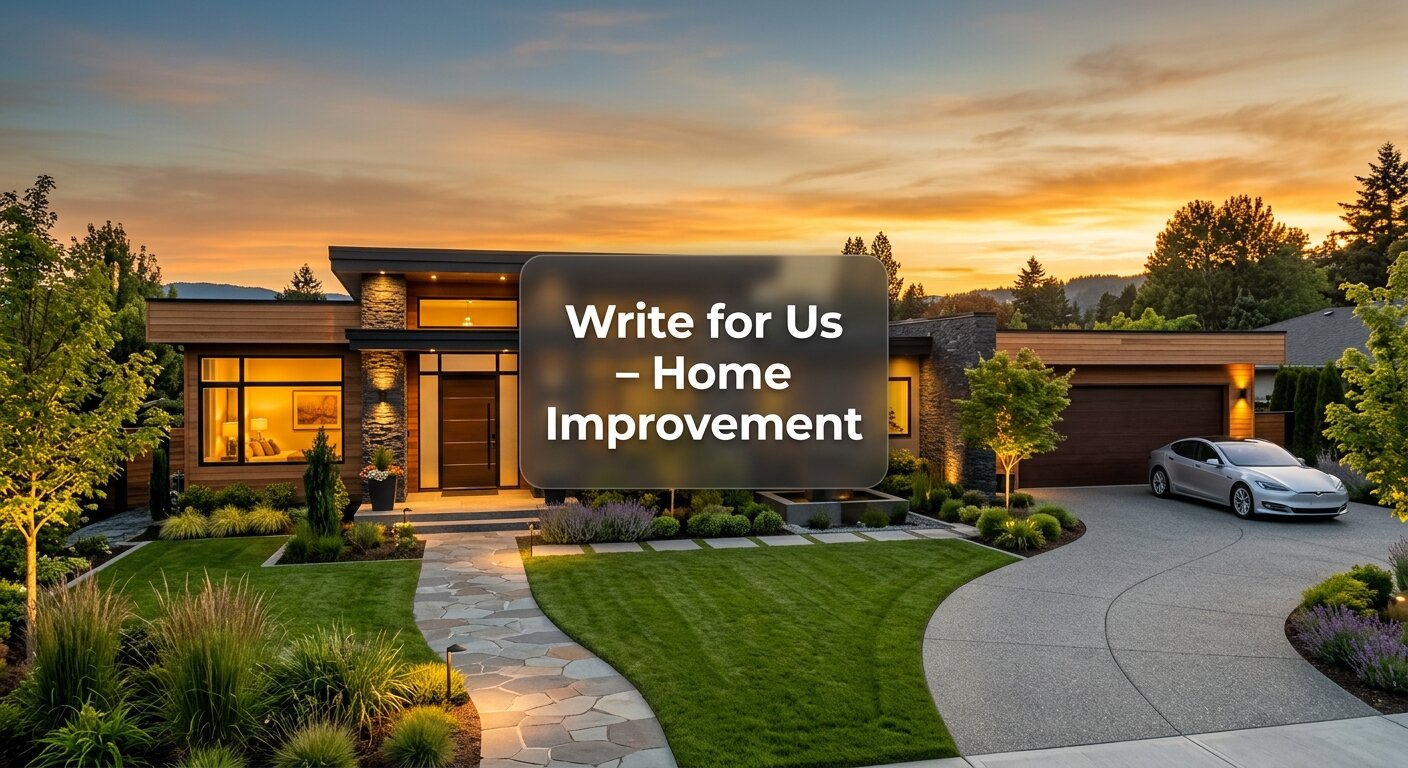 Write for Us Home Improvement – Modern luxury home exterior at golden hour with landscaped garden