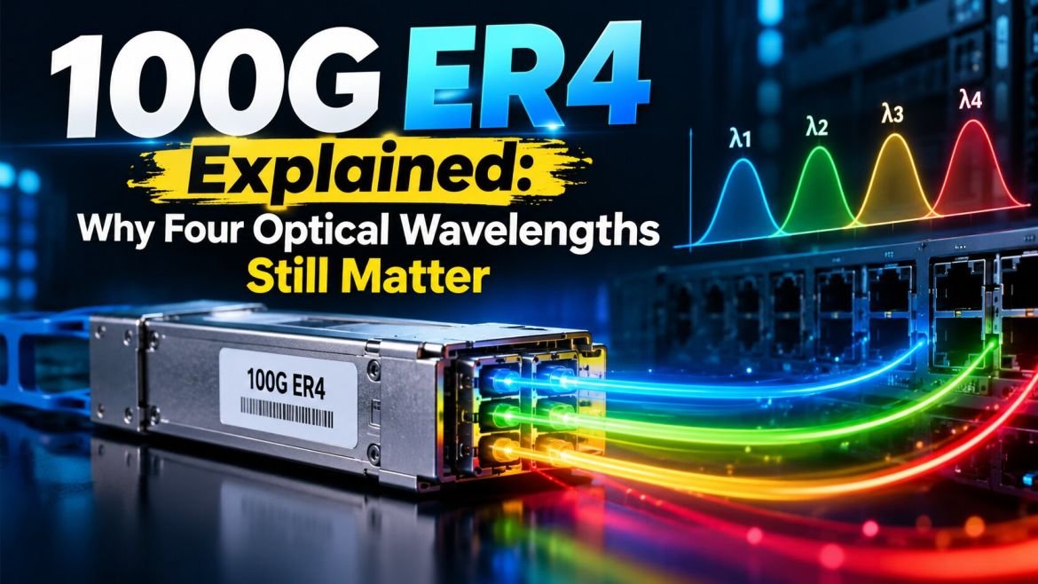100G ER4 optical transceiver illustrating four optical wavelengths in blue, green, yellow, and red for high-speed fiber-optic data transmission.