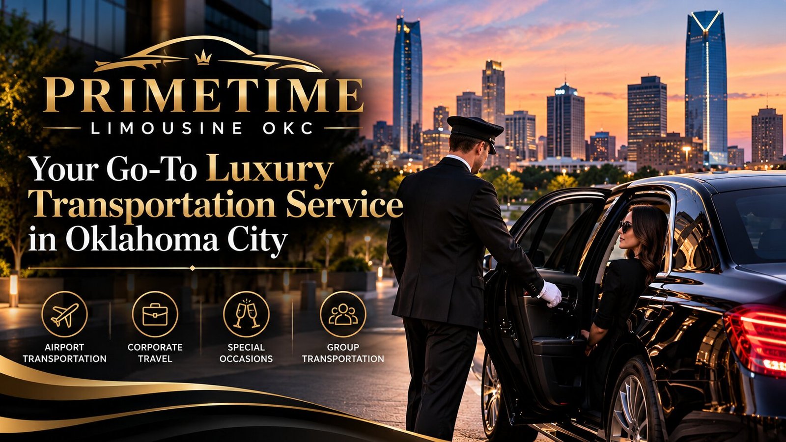 Primetime Limousine OKC providing luxury transportation in Oklahoma City with a professional chauffeur, black luxury sedan, and premium airport, corporate, and special event travel services.